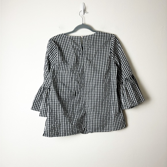 CALVIN KLEIN • Women’s Black/White Gingham Beel Sleeve Blouse Keyhole Back Sz M - Picture 2 of 5